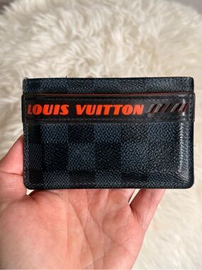 Louis Vuitton Black Damier Cobalt Card Holder with Orange Logo Stripe - “Race”